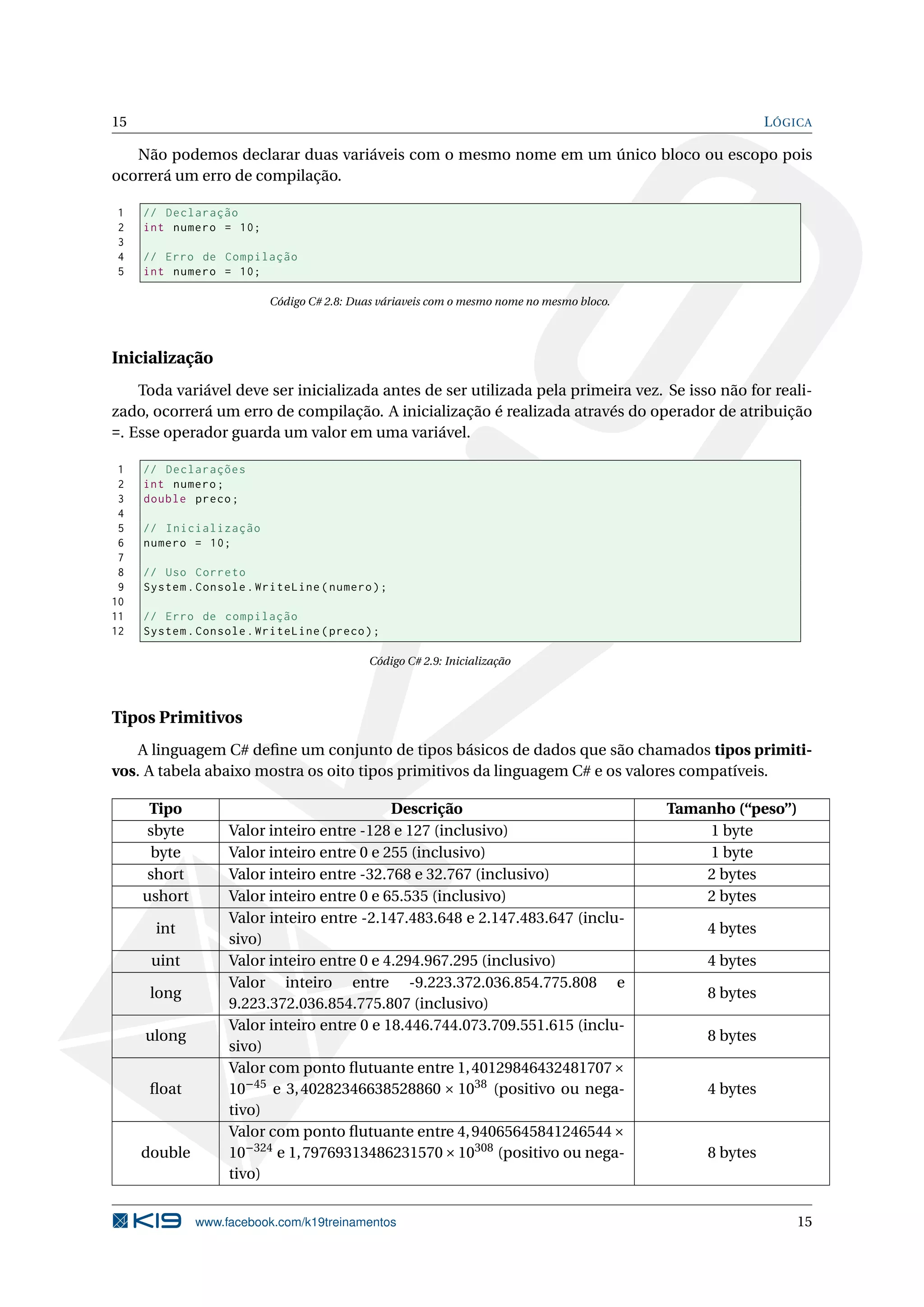 15 LÓGICA
Não podemos declarar duas variáveis com o mesmo nome em um único bloco ou escopo pois
ocorrerá um erro de compilação.
1 // Declaração
2 int numero = 10;
3
4 // Erro de Compilação
5 int numero = 10;
Código C# 2.8: Duas váriaveis com o mesmo nome no mesmo bloco.
Inicialização
Toda variável deve ser inicializada antes de ser utilizada pela primeira vez. Se isso não for reali-
zado, ocorrerá um erro de compilação. A inicialização é realizada através do operador de atribuição
=. Esse operador guarda um valor em uma variável.
1 // Declarações
2 int numero;
3 double preco;
4
5 // Inicialização
6 numero = 10;
7
8 // Uso Correto
9 System.Console.WriteLine(numero);
10
11 // Erro de compilação
12 System.Console.WriteLine(preco);
Código C# 2.9: Inicialização
Tipos Primitivos
A linguagem C# deﬁne um conjunto de tipos básicos de dados que são chamados tipos primiti-
vos. A tabela abaixo mostra os oito tipos primitivos da linguagem C# e os valores compatíveis.
Tipo Descrição Tamanho (“peso”)
sbyte Valor inteiro entre -128 e 127 (inclusivo) 1 byte
byte Valor inteiro entre 0 e 255 (inclusivo) 1 byte
short Valor inteiro entre -32.768 e 32.767 (inclusivo) 2 bytes
ushort Valor inteiro entre 0 e 65.535 (inclusivo) 2 bytes
int
Valor inteiro entre -2.147.483.648 e 2.147.483.647 (inclu-
sivo)
4 bytes
uint Valor inteiro entre 0 e 4.294.967.295 (inclusivo) 4 bytes
long
Valor inteiro entre -9.223.372.036.854.775.808 e
9.223.372.036.854.775.807 (inclusivo)
8 bytes
ulong
Valor inteiro entre 0 e 18.446.744.073.709.551.615 (inclu-
sivo)
8 bytes
ﬂoat
Valor com ponto ﬂutuante entre 1,40129846432481707×
10−45
e 3,40282346638528860 × 1038
(positivo ou nega-
tivo)
4 bytes
double
Valor com ponto ﬂutuante entre 4,94065645841246544×
10−324
e 1,79769313486231570×10308
(positivo ou nega-
tivo)
8 bytes
www.facebook.com/k19treinamentos 15
 