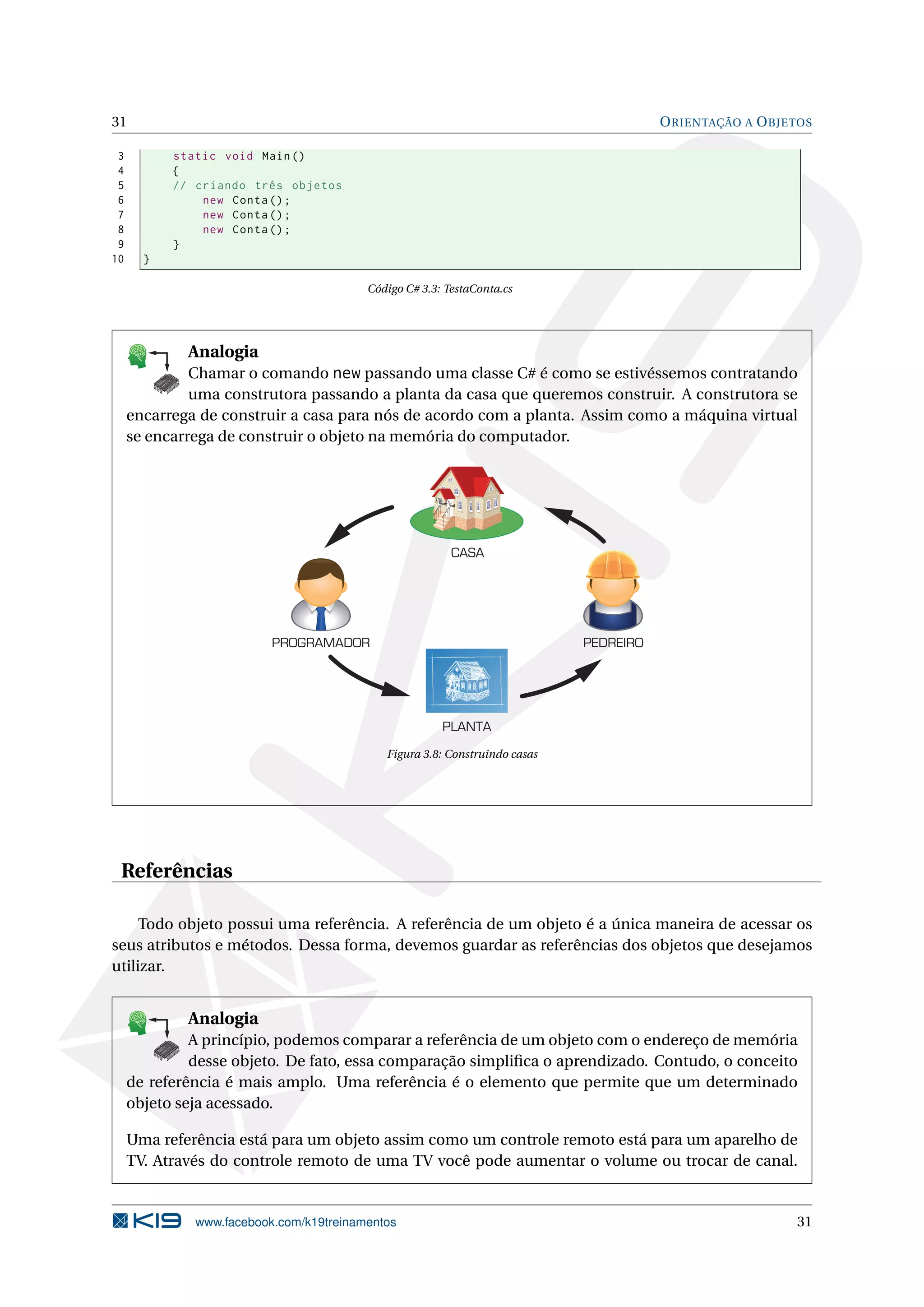 31 ORIENTAÇÃO A OBJETOS
3 static void Main()
4 {
5 // criando três objetos
6 new Conta();
7 new Conta();
8 new Conta();
9 }
10 }
Código C# 3.3: TestaConta.cs
K
B
0-
X
8
P
O
K
E
T
80
1
M
A
D
E
B
Y
K
19
Analogia
Chamar o comando new passando uma classe C# é como se estivéssemos contratando
uma construtora passando a planta da casa que queremos construir. A construtora se
encarrega de construir a casa para nós de acordo com a planta. Assim como a máquina virtual
se encarrega de construir o objeto na memória do computador.
PROGRAMADOR PEDREIRO
PLANTA
CASA
Figura 3.8: Construindo casas
Referências
Todo objeto possui uma referência. A referência de um objeto é a única maneira de acessar os
seus atributos e métodos. Dessa forma, devemos guardar as referências dos objetos que desejamos
utilizar.
K
B
0-
X
8
P
O
K
E
T
80
1
M
A
D
E
B
Y
K
19
Analogia
A princípio, podemos comparar a referência de um objeto com o endereço de memória
desse objeto. De fato, essa comparação simpliﬁca o aprendizado. Contudo, o conceito
de referência é mais amplo. Uma referência é o elemento que permite que um determinado
objeto seja acessado.
Uma referência está para um objeto assim como um controle remoto está para um aparelho de
TV. Através do controle remoto de uma TV você pode aumentar o volume ou trocar de canal.
www.facebook.com/k19treinamentos 31
 