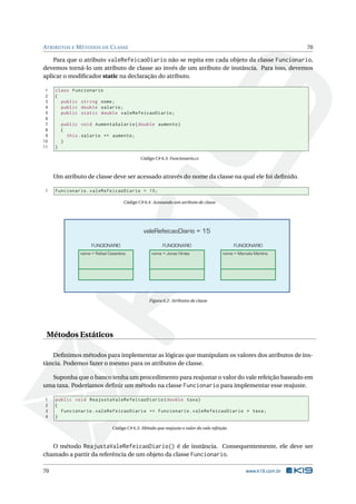 ATRIBUTOS E MÉTODOS DE CLASSE 70
Para que o atributo valeRefeicaoDiario não se repita em cada objeto da classe Funcionario,
devemos torná-lo um atributo de classe ao invés de um atributo de instância. Para isso, devemos
aplicar o modiﬁcador static na declaração do atributo.
1 class Funcionario
2 {
3 public string nome;
4 public double salario;
5 public static double valeRefeicaoDiario;
6
7 public void AumentaSalario(double aumento)
8 {
9 this.salario += aumento;
10 }
11 }
Código C# 6.3: Funcionario.cs
Um atributo de classe deve ser acessado através do nome da classe na qual ele foi deﬁnido.
1 Funcionario.valeRefeicaoDiario = 15;
Código C# 6.4: Acessando um atributo de classe
nome = Rafael Cosentino
FUNCIONARIO
nome = Jonas Hirata
FUNCIONARIO
nome = Marcelo Martins
FUNCIONARIO
valeRefeicaoDiario = 15
Figura 6.2: Atributos de classe
Métodos Estáticos
Deﬁnimos métodos para implementar as lógicas que manipulam os valores dos atributos de ins-
tância. Podemos fazer o mesmo para os atributos de classe.
Suponha que o banco tenha um procedimento para reajustar o valor do vale refeição baseado em
uma taxa. Poderíamos deﬁnir um método na classe Funcionario para implementar esse reajuste.
1 public void ReajustaValeRefeicaoDiario(double taxa)
2 {
3 Funcionario.valeRefeicaoDiario += Funcionario.valeRefeicaoDiario * taxa;
4 }
Código C# 6.5: Método que reajusta o valor do vale refeição
O método ReajustaValeRefeicaoDiario() é de instância. Consequentemente, ele deve ser
chamado a partir da referência de um objeto da classe Funcionario.
70 www.k19.com.br
 
