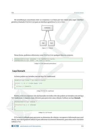 151 COLLECTIONS 
Há semelhanças conceituais entre os conjuntos e as listas por isso existe uma super interface 
genérica chamada ICollection para as interfaces genéricas IList e ISet. 
Figura 17.1: Coleções 
Dessa forma, podemos referenciar como ICollection qualquer lista ou conjunto. 
1 ICollection < string > conjunto = new HashSet <string >() ; 
2 ICollection < string > lista = new List < string >() ; 
Código C# 17.20: Aplicando polimorfismo 
Laço foreach 
As listas podem ser iteradas com umlaço for tradicional. 
1 IList < string > lista = new List < string >() ; 
2 
3 for ( int i = 0; i < lista . Count ; i++) 
4 { 
5 string x = lista [i]; 
6 } 
Código C# 17.21: for tradicional 
Porém, como os conjuntos não são baseados em índice eles não podem ser iterados com umlaço 
for tradicional. A maneiramais eficiente para percorrer uma coleção é utilizar um laço foreach. 
1 ICollection < string > colecao = ... 
2 
3 foreach ( string x in colecao ) 
4 { 
5 
6 } 
Código C# 17.22: foreach 
O foreach é utilizado para percorrer os elementos da coleção e recuperar a informação que você 
deseja, mas não é possível utilizá-lo para adicionar ou remover elementos, para estes casos você deve 
utilizar o for. 
www.facebook.com/k19treinamentos 151 
 
