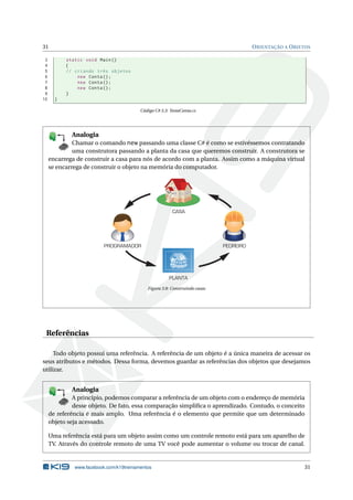 31 ORIENTAÇÃO A OBJETOS 
3 static void Main () 
4 { 
5 // criando três objetos 
6 new Conta (); 
7 new Conta (); 
8 new Conta (); 
9 } 
10 } 
Código C# 3.3: TestaConta.cs 
KB 0-X8 
POKET 801 
MADE BY K19 
Analogia 
Chamar o comando new passando uma classe C# é como se estivéssemos contratando 
uma construtora passando a planta da casa que queremos construir. A construtora se 
encarrega de construir a casa para nós de acordo com a planta. Assim como a máquina virtual 
se encarrega de construir o objeto na memória do computador. 
CASA 
PROGRAMADOR PEDREIRO 
PLANTA 
Figura 3.8: Construindo casas 
Referências 
Todo objeto possui uma referência. A referência de um objeto é a única maneira de acessar os 
seus atributos e métodos. Dessa forma, devemos guardar as referências dos objetos que desejamos 
utilizar. 
KB 0-X8 
POKET 801 
MADE BY K19 
Analogia 
A princípio, podemos comparar a referência de um objeto com o endereço de memória 
desse objeto. De fato, essa comparação simplifica o aprendizado. Contudo, o conceito 
de referência é mais amplo. Uma referência é o elemento que permite que um determinado 
objeto seja acessado. 
Uma referência está para um objeto assim como um controle remoto está para um aparelho de 
TV. Através do controle remoto de uma TV você pode aumentar o volume ou trocar de canal. 
www.facebook.com/k19treinamentos 31 
 