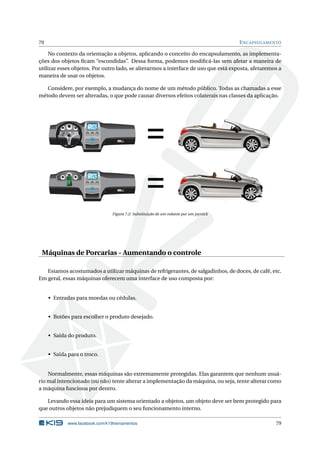 79 ENCAPSULAMENTO 
No contexto da orientação a objetos, aplicando o conceito do encapsulamento, as implementa-ções 
dos objetos ficam “escondidas”. Dessa forma, podemos modificá-las sem afetar a maneira de 
utilizar esses objetos. Por outro lado, se alterarmos a interface de uso que está exposta, afetaremos a 
maneira de usar os objetos. 
Considere, por exemplo, a mudança do nome de um método público. Todas as chamadas a esse 
método devemser alteradas, o que pode causar diversos efeitos colaterais nas classes da aplicação. 
12:30 
12:30 
= 
= 
Figura 7.2: Substituição de umvolante por um joystick 
Máquinas de Porcarias - Aumentando o controle 
Estamos acostumados a utilizar máquinas de refrigerantes, de salgadinhos, de doces, de café, etc. 
Emgeral, essas máquinas oferecem uma interface de uso composta por: 
• Entradas paramoedas ou cédulas. 
• Botões para escolher o produto desejado. 
• Saída do produto. 
• Saída para o troco. 
Normalmente, essasmáquinas são extremamente protegidas. Elas garantem que nenhum usuá-rio 
mal intencionado (ou não) tente alterar a implementação da máquina, ou seja, tente alterar como 
a máquina funciona por dentro. 
Levando essa ideia para um sistema orientado a objetos, um objeto deve ser bem protegido para 
que outros objetos não prejudiquem o seu funcionamento interno. 
www.facebook.com/k19treinamentos 79 
 