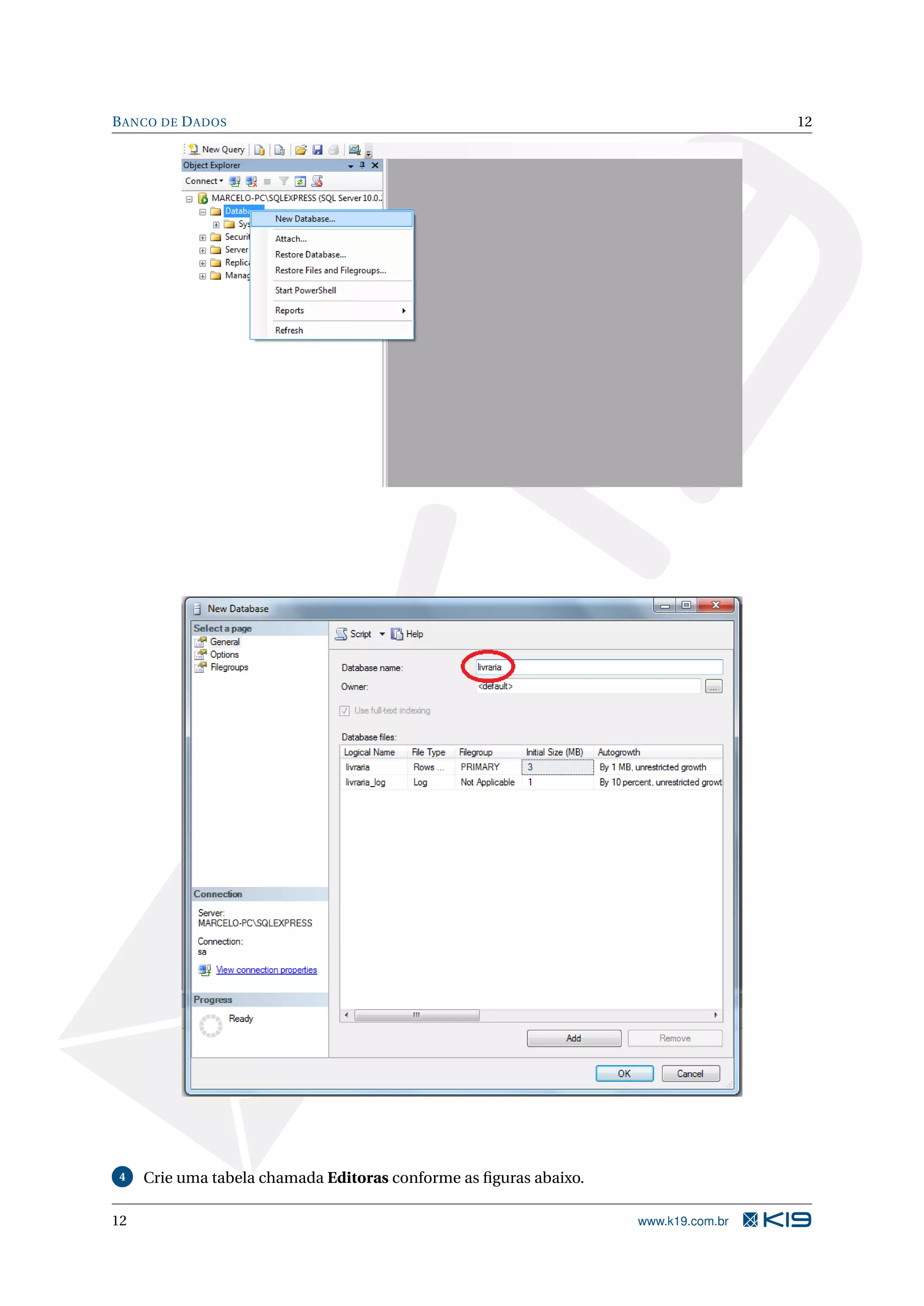 B ANCO DE D ADOS 12 4 Crie uma tabela chamada Editoras conforme as ﬁguras abaixo. 12 www.k19.com.br 
