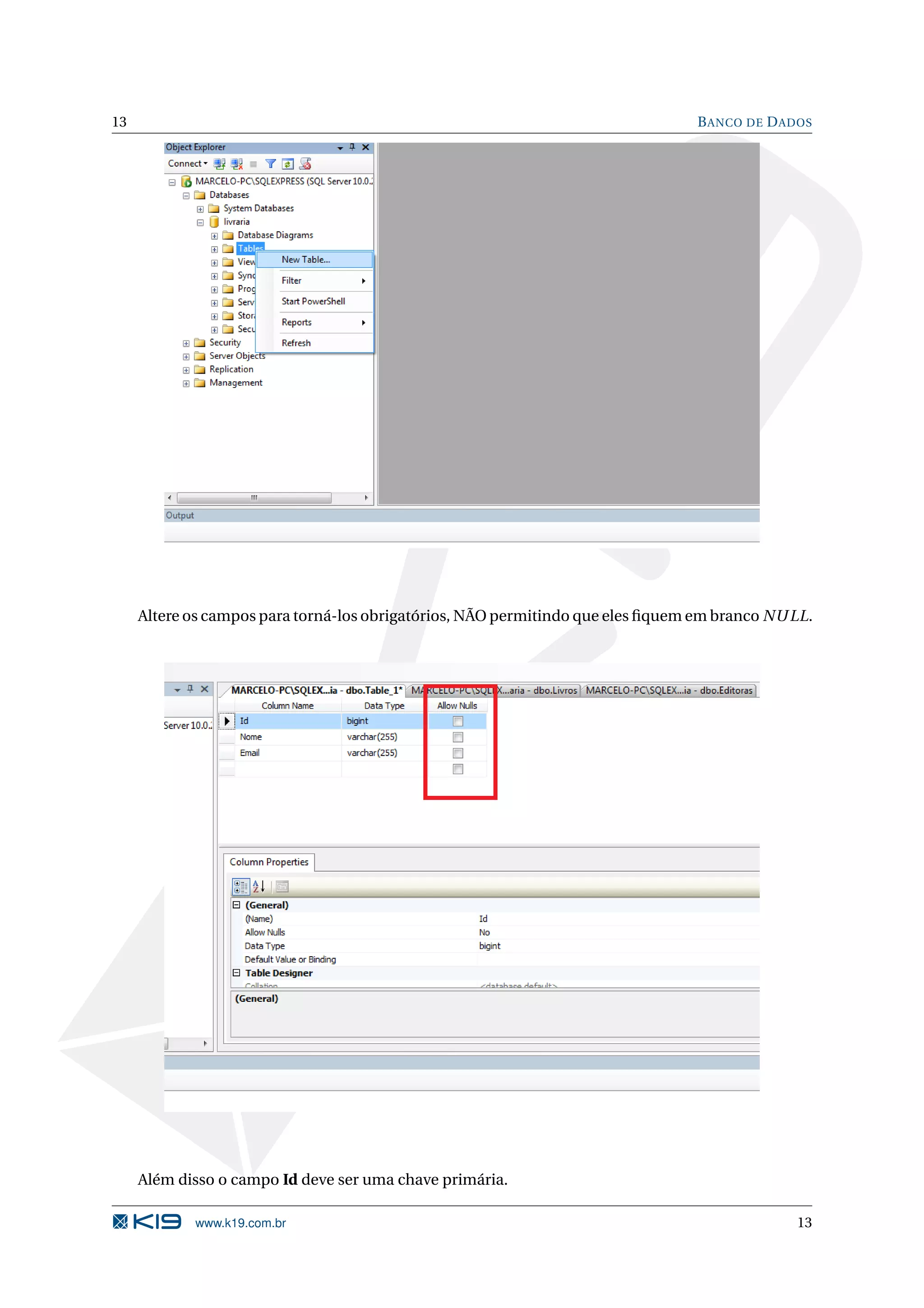 13 B ANCO DE D ADOS Altere os campos para torná-los obrigatórios, NÃO permitindo que eles ﬁquem em branco NU LL. Além disso o campo Id deve ser uma chave primária. www.k19.com.br 13 