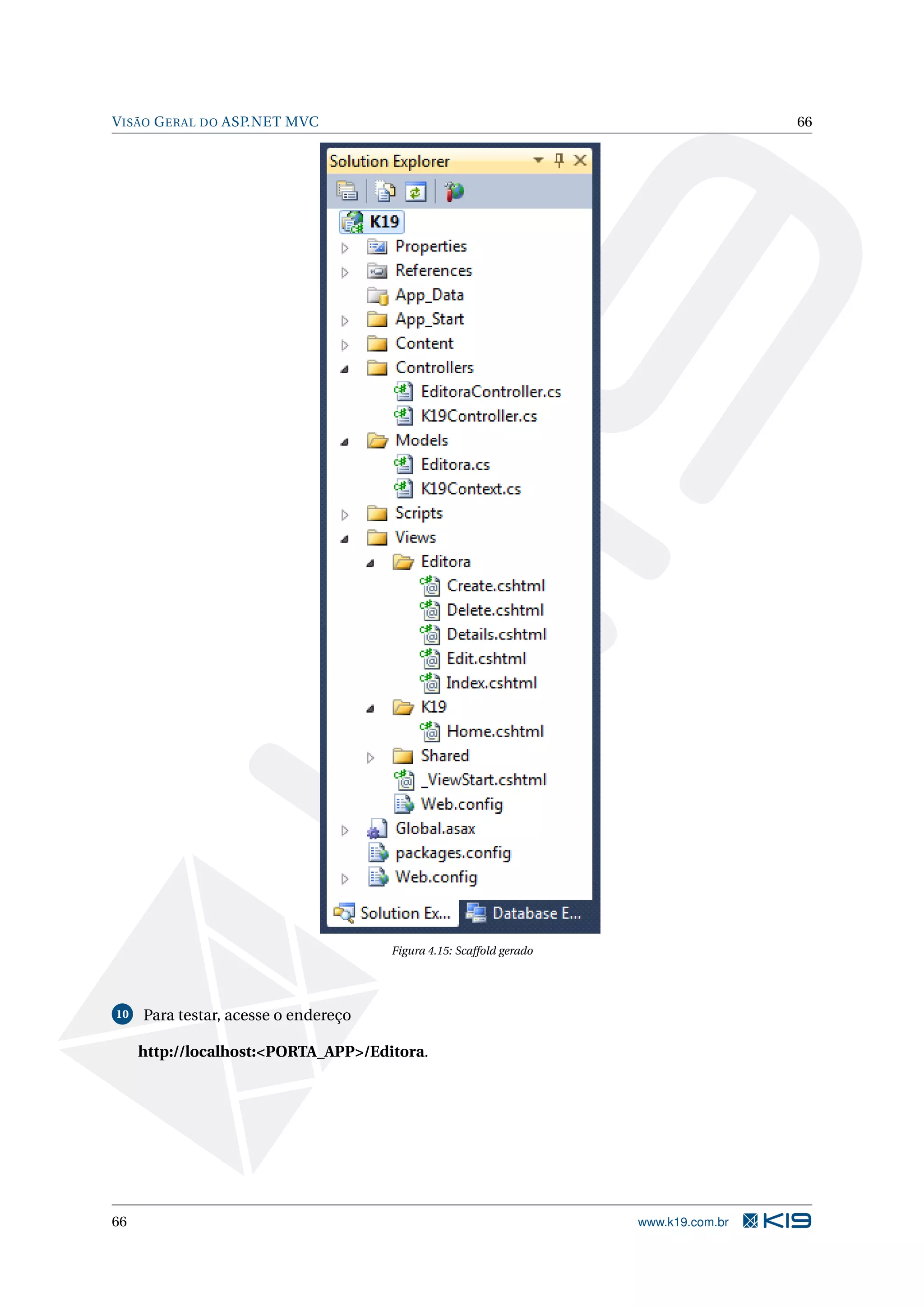 V ISÃO G ERAL DO ASP.NET MVC 66 Figura 4.15: Scaffold gerado 10 Para testar, acesse o endereço http://localhost:<PORTA_APP>/Editora. 66 www.k19.com.br 