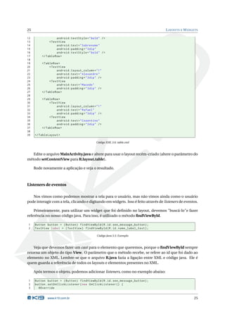 25                                                                                   L AYOUTS E W IDGETS

12                 android:textStyle = " bold " / >
13            < TextView
14                 android:text = " Sobrenome "
15                 android:padding = " 3 dip "
16                 android:textStyle = " bold " / >
17       </ TableRow >
18
19       < TableRow >
20            < TextView
21                 android:layout_column = " 1 "
22                 android:text = " Alexandre "
23                 android:padding = " 3 dip " / >
24            < TextView
25                 android:text = " Macedo "
26                 android:padding = " 3 dip " / >
27       </ TableRow >
28
29       < TableRow >
30            < TextView
31                 android:layout_column = " 1 "
32                 android:text = " Rafael "
33                 android:padding = " 3 dip " / >
34            < TextView
35                 android:text = " Cosentino "
36                 android:padding = " 3 dip " / >
37       </ TableRow >
38
39   </ TableLayout >

                                              Código XML 3.6: table.xml



   Edite o arquivo MainActivity.java e altere para usar o layout recém-criado (altere o parâmetro do
método setContentView para R.layout.table).

     Rode novamente a aplicação e veja o resultado.



Listeners de eventos

   Nos vimos como podemos mostrar a tela para o usuário, mas não vimos ainda como o usuário
pode interagir com a tela, clicando e digitando em widgets. Isso é feito através de listeners de eventos.

    Primeiramente, para utilizar um widget que foi deﬁnido no layout, devemos "buscá-lo"e fazer
referência no nosso código java. Para isso, é utilizado o método ﬁndViewById.

1    Button button = ( Button ) findViewById ( R . id . see_message_button ) ;
2    TextView label = ( TextView ) findViewById ( R . id . name_label_text ) ;

                                              Código Java 3.5: Exemplo



    Veja que devemos fazer um cast para o elemento que queremos, porque o ﬁndViewById sempre
retorna um objeto do tipo View. O parâmetro que o método recebe, se refere ao id que foi dado ao
elemento no XML. Lembre-se que o arquivo R.java fazia a ligação entre XML e código java. Ele é
quem guarda a referência de todos os layouts e elementos presentes no XML.

     Após termos o objeto, podemos adicionar listeners, como no exemplo abaixo:

1    Button button = ( Button ) findViewById ( R . id . see_message_button ) ;
2    button . setOnClickListener ( new OnClickListener () {
3      @Override


             www.k19.com.br                                                                           25
 