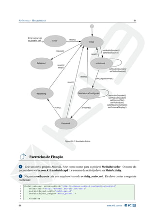 APÊNDICE - MULTIMEDIA 94 
Error occurs or 
an invalid call reset() 
reset() 
reset() 
reset() 
release() 
reset()/ 
stop() 
start() prepare() 
setAudioSource()/ 
setVideoSource() 
setAudioSource()/ 
setVideoSource() 
setOutputFormat() 
setAudioEncoder() 
setVideoEncoder() 
setOutputFile() 
setVideoSize() 
setVideoFrameRate() 
setPreviewDisplay() 
Error Initial 
Released Initialized 
Recording DataSourceConfigured 
Prepared 
Figura 11.2: Resultado da tela 
Exercícios de Fixação 
8 Crie um novo projeto Android. Use como nome para o projeto MediaRecorder. O nome do 
pacote deve ser br.com.k19.android.cap11, e o nome da activity deve serMainActivity. 
9 Na pasta res/layouts crie um arquivo chamado activity_main.xml. Ele deve conter o seguinte 
conteúdo: 
1 < RelativeLayout xmlns:android =" http: // schemas . android . com / apk / res / android " 
2 xmlns:tools =" http: // schemas . android . com / tools " 
3 android:layout_width =" match_parent " 
4 android:layout_height =" match_parent " > 
5 
6 <TextView 
94 www.k19.com.br 
 