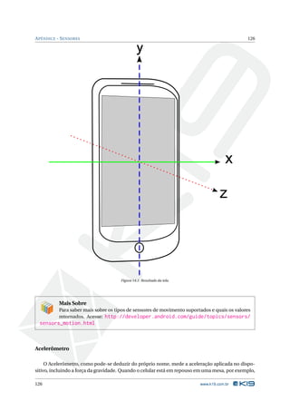 APÊNDICE - SENSORES 126 y 
x 
z 
Figura 14.1: Resultado da tela. 
Mais Sobre 
Para saber mais sobre os tipos de sensores de movimento suportados e quais os valores 
retornados. Acesse: http://developer.android.com/guide/topics/sensors/ 
sensors_motion.html 
Acelerômetro 
O Acelerômetro, como pode-se deduzir do próprio nome, mede a aceleração aplicada no dispo-sitivo, 
incluindo a força da gravidade. Quando o celular está em repouso em uma mesa, por exemplo, 
126 www.k19.com.br 
 