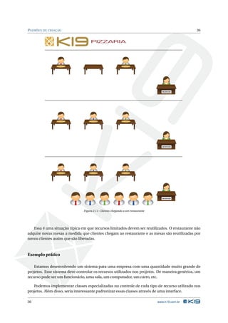 PADRÕES DE CRIAÇÃO                                                                                36




                                                                                    RECEPÇÃO




                                                                                    RECEPÇÃO




                                                                                    RECEPÇÃO




                               Figura 2.11: Clientes chegando a um restaurante




   Essa é uma situação típica em que recursos limitados devem ser reutilizados. O restaurante não
adquire novas mesas a medida que clientes chegam ao restaurante e as mesas são reutilizadas por
novos clientes assim que são liberadas.



Exemplo prático

    Estamos desenvolvendo um sistema para uma empresa com uma quantidade muito grande de
projetos. Esse sistema deve controlar os recursos utilizados nos projetos. De maneira genérica, um
recurso pode ser um funcionário, uma sala, um computador, um carro, etc.

   Podemos implementar classes especializadas no controle de cada tipo de recurso utilizado nos
projetos. Além disso, seria interessante padronizar essas classes através de uma interface.

36                                                                               www.k19.com.br
 