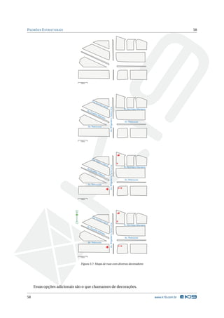 PADRÕES E STRUTURAIS                                                                                                                                      58




                                100m




                                               Rua
                                                     Tav
                                                        are
                                                              sC
                                                                abr
                                                                       al

                                                                            Av. Brigadeiro Faria Lima
                                                                                                                  R. Henrique Monteiro
                                       Av.
                                           Eusé
                                                 bio
                                                       Ma
                                                           tos
                                                                   o
                                                                                                                  Av. Rebouças

                                        Av. Rebouças




                                100m




                                               Rua
                                                     Tav
                                                        are
                                                              sC                                        $
                                                                abr
                                                                       al
                                                                            Av. Brigadeiro Faria Lima




                                                                                                                  R. Henrique Monteiro
                                       Av.
                                           Eusé
                                                 bio
                                                       Ma
                                                           tos
                                                                   o
                                                                                                                  Av. Rebouças

                                        Av. Rebouças
                                                                                                            K19




                                100m




                            +

                                               Rua
                                                     Tav
                                                        are
                                                              sC                                        $
                            _                                   abr
                                                                       al
                                                                            Av. Brigadeiro Faria Lima




                                                                                                                  R. Henrique Monteiro
                                       Av.
                                           Eusé
                                                 bio
                                                       Ma
                                                           tos
                                                                   o
                                                                                                                  Av. Rebouças
                                        Av. Rebouças
                                                                                                            K19




                                100m



                                Figura 3.7: Mapa de ruas com diversos decoradores




     Essas opções adicionais são o que chamamos de decorações.

58                                                                                                                                       www.k19.com.br
 