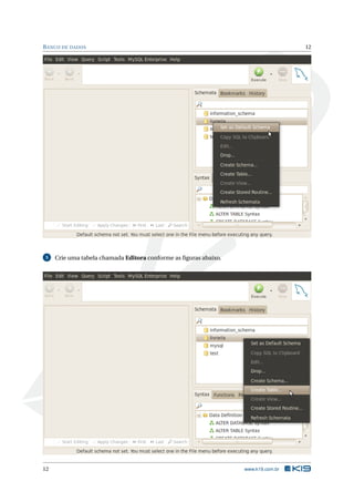 B ANCO DE DADOS                                                                    12




5    Crie uma tabela chamada Editora conforme as ﬁguras abaixo.




12                                                                www.k19.com.br
 