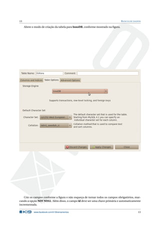 13                                                                                 B ANCO DE DADOS

     Altere o modo de criação da tabela para InnoDB, conforme mostrado na ﬁgura.




    Crie os campos conforme a ﬁgura e não esqueça de tornar todos os campos obrigatórios, mar-
cando a opção NOT NULL. Além disso, o campo id deve ser uma chave primária e automaticamente
incrementada.

            www.facebook.com/k19treinamentos                                                    13
 