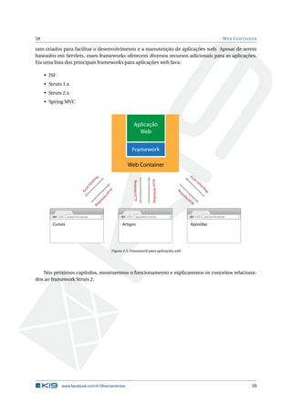 59                                                                                                                                   W EB C ONTAINER

ram criados para facilitar o desenvolvimento e a manutenção de aplicações web. Apesar de serem
baseados em Servlets, esses frameworks oferecem diversos recursos adicionais para as aplicações.
Eis uma lista dos principais frameworks para aplicações web Java:

     • JSF
     • Struts 1.x
     • Struts 2.x
     • Spring MVC



                                                                   Aplicação
                                                                     Web


                                                                 Framework

                                                              Web Container



                                                                                                             TP
                                      Re




                                                                                                              HT
                                     sp




                                                                                   Requisição HTTP
                                                                  Resposta HTTP
                                   os




                                                                                                                         o
                                                                                                                      çã
                                     ta




                                                                                                                  isi
                              HT




                                                                                                                       qu
                            TP




                                                                                                                         Re
                                                 TP




                                                                                                     Re
                                                HT




                                                                                                     sp
                                                                                                      os
                                            o
                                           çã




                                                                                                        ta
                                          isi




                                                                                                          HT
                                      qu




                                                                                                             TP
                                     Re




                  www.k19.com.br                                        www.k19.com.br                                   www.k19.com.br

         Cursos                                            Artigos                                           Apostilas




                                                     Figura 4.3: Framework para aplicações web




   Nos próximos capítulos, mostraremos o funcionamento e explicaremos os conceitos relaciona-
dos ao framework Struts 2.




             www.facebook.com/k19treinamentos                                                                                                    59
 