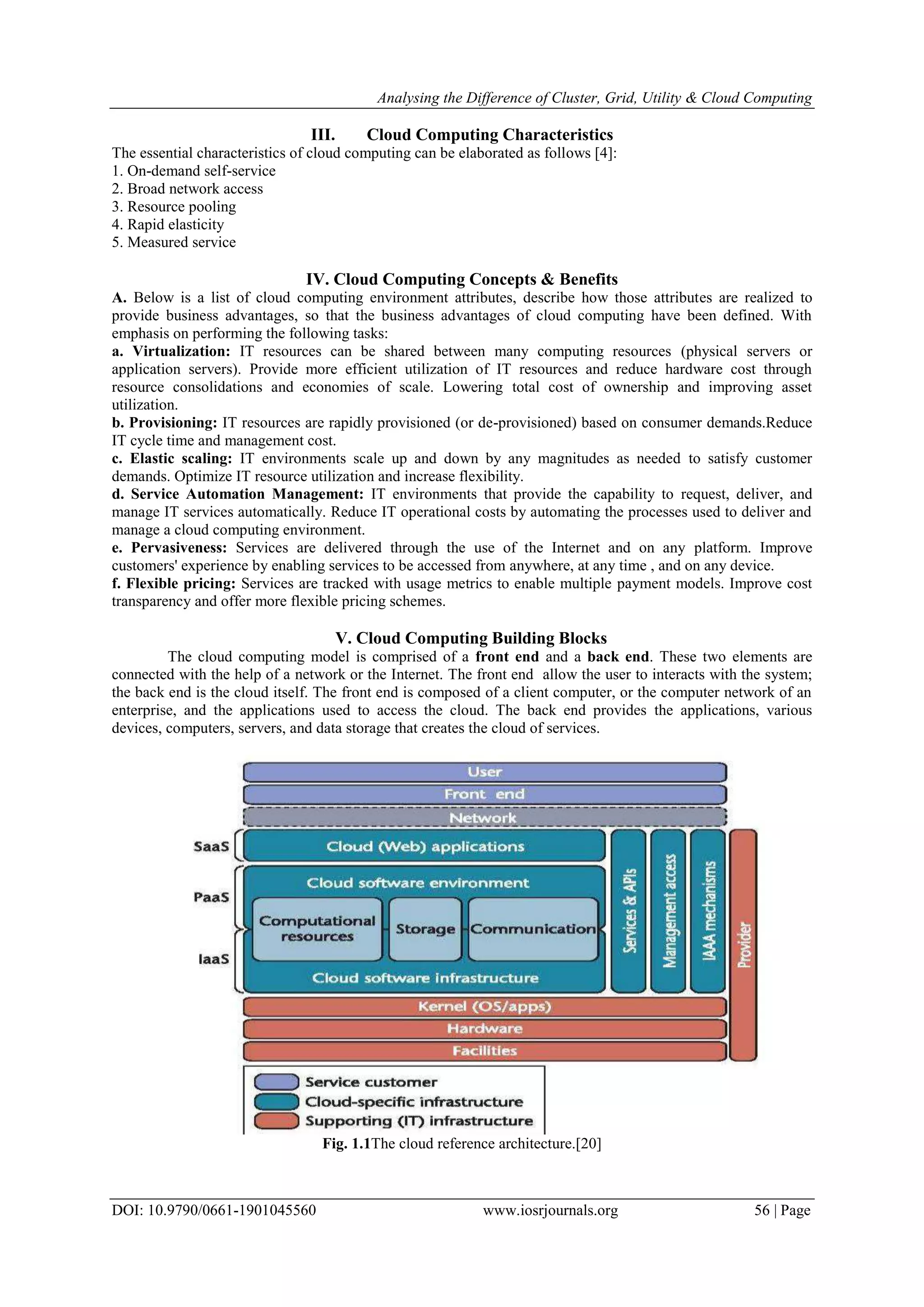 Analysing the Difference of Cluster, Grid, Utility & Cloud Computing
DOI: 10.9790/0661-1901045560 www.iosrjournals.org 56 | Page
III. Cloud Computing Characteristics
The essential characteristics of cloud computing can be elaborated as follows [4]:
1. On-demand self-service
2. Broad network access
3. Resource pooling
4. Rapid elasticity
5. Measured service
IV. Cloud Computing Concepts & Benefits
A. Below is a list of cloud computing environment attributes, describe how those attributes are realized to
provide business advantages, so that the business advantages of cloud computing have been defined. With
emphasis on performing the following tasks:
a. Virtualization: IT resources can be shared between many computing resources (physical servers or
application servers). Provide more efficient utilization of IT resources and reduce hardware cost through
resource consolidations and economies of scale. Lowering total cost of ownership and improving asset
utilization.
b. Provisioning: IT resources are rapidly provisioned (or de-provisioned) based on consumer demands.Reduce
IT cycle time and management cost.
c. Elastic scaling: IT environments scale up and down by any magnitudes as needed to satisfy customer
demands. Optimize IT resource utilization and increase flexibility.
d. Service Automation Management: IT environments that provide the capability to request, deliver, and
manage IT services automatically. Reduce IT operational costs by automating the processes used to deliver and
manage a cloud computing environment.
e. Pervasiveness: Services are delivered through the use of the Internet and on any platform. Improve
customers' experience by enabling services to be accessed from anywhere, at any time , and on any device.
f. Flexible pricing: Services are tracked with usage metrics to enable multiple payment models. Improve cost
transparency and offer more flexible pricing schemes.
V. Cloud Computing Building Blocks
The cloud computing model is comprised of a front end and a back end. These two elements are
connected with the help of a network or the Internet. The front end allow the user to interacts with the system;
the back end is the cloud itself. The front end is composed of a client computer, or the computer network of an
enterprise, and the applications used to access the cloud. The back end provides the applications, various
devices, computers, servers, and data storage that creates the cloud of services.
Fig. 1.1The cloud reference architecture.[20]
 