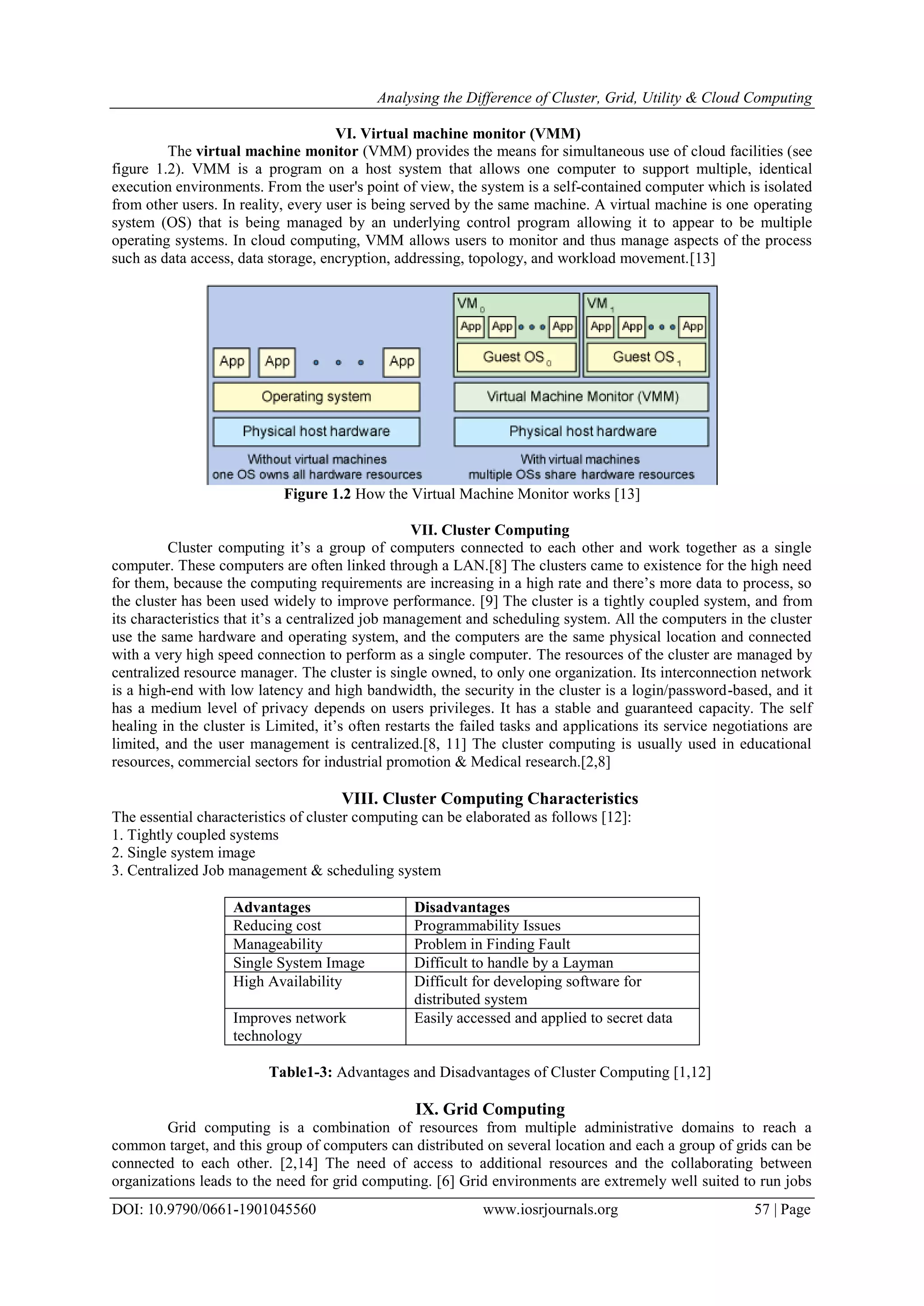 Analysing the Difference of Cluster, Grid, Utility & Cloud Computing
DOI: 10.9790/0661-1901045560 www.iosrjournals.org 57 | Page
VI. Virtual machine monitor (VMM)
The virtual machine monitor (VMM) provides the means for simultaneous use of cloud facilities (see
figure 1.2). VMM is a program on a host system that allows one computer to support multiple, identical
execution environments. From the user's point of view, the system is a self-contained computer which is isolated
from other users. In reality, every user is being served by the same machine. A virtual machine is one operating
system (OS) that is being managed by an underlying control program allowing it to appear to be multiple
operating systems. In cloud computing, VMM allows users to monitor and thus manage aspects of the process
such as data access, data storage, encryption, addressing, topology, and workload movement.[13]
Figure 1.2 How the Virtual Machine Monitor works [13]
VII. Cluster Computing
Cluster computing it’s a group of computers connected to each other and work together as a single
computer. These computers are often linked through a LAN.[8] The clusters came to existence for the high need
for them, because the computing requirements are increasing in a high rate and there’s more data to process, so
the cluster has been used widely to improve performance. [9] The cluster is a tightly coupled system, and from
its characteristics that it’s a centralized job management and scheduling system. All the computers in the cluster
use the same hardware and operating system, and the computers are the same physical location and connected
with a very high speed connection to perform as a single computer. The resources of the cluster are managed by
centralized resource manager. The cluster is single owned, to only one organization. Its interconnection network
is a high-end with low latency and high bandwidth, the security in the cluster is a login/password-based, and it
has a medium level of privacy depends on users privileges. It has a stable and guaranteed capacity. The self
healing in the cluster is Limited, it’s often restarts the failed tasks and applications its service negotiations are
limited, and the user management is centralized.[8, 11] The cluster computing is usually used in educational
resources, commercial sectors for industrial promotion & Medical research.[2,8]
VIII. Cluster Computing Characteristics
The essential characteristics of cluster computing can be elaborated as follows [12]:
1. Tightly coupled systems
2. Single system image
3. Centralized Job management & scheduling system
Advantages Disadvantages
Reducing cost Programmability Issues
Manageability Problem in Finding Fault
Single System Image Difficult to handle by a Layman
High Availability Difficult for developing software for
distributed system
Improves network
technology
Easily accessed and applied to secret data
Table1-3: Advantages and Disadvantages of Cluster Computing [1,12]
IX. Grid Computing
Grid computing is a combination of resources from multiple administrative domains to reach a
common target, and this group of computers can distributed on several location and each a group of grids can be
connected to each other. [2,14] The need of access to additional resources and the collaborating between
organizations leads to the need for grid computing. [6] Grid environments are extremely well suited to run jobs
 