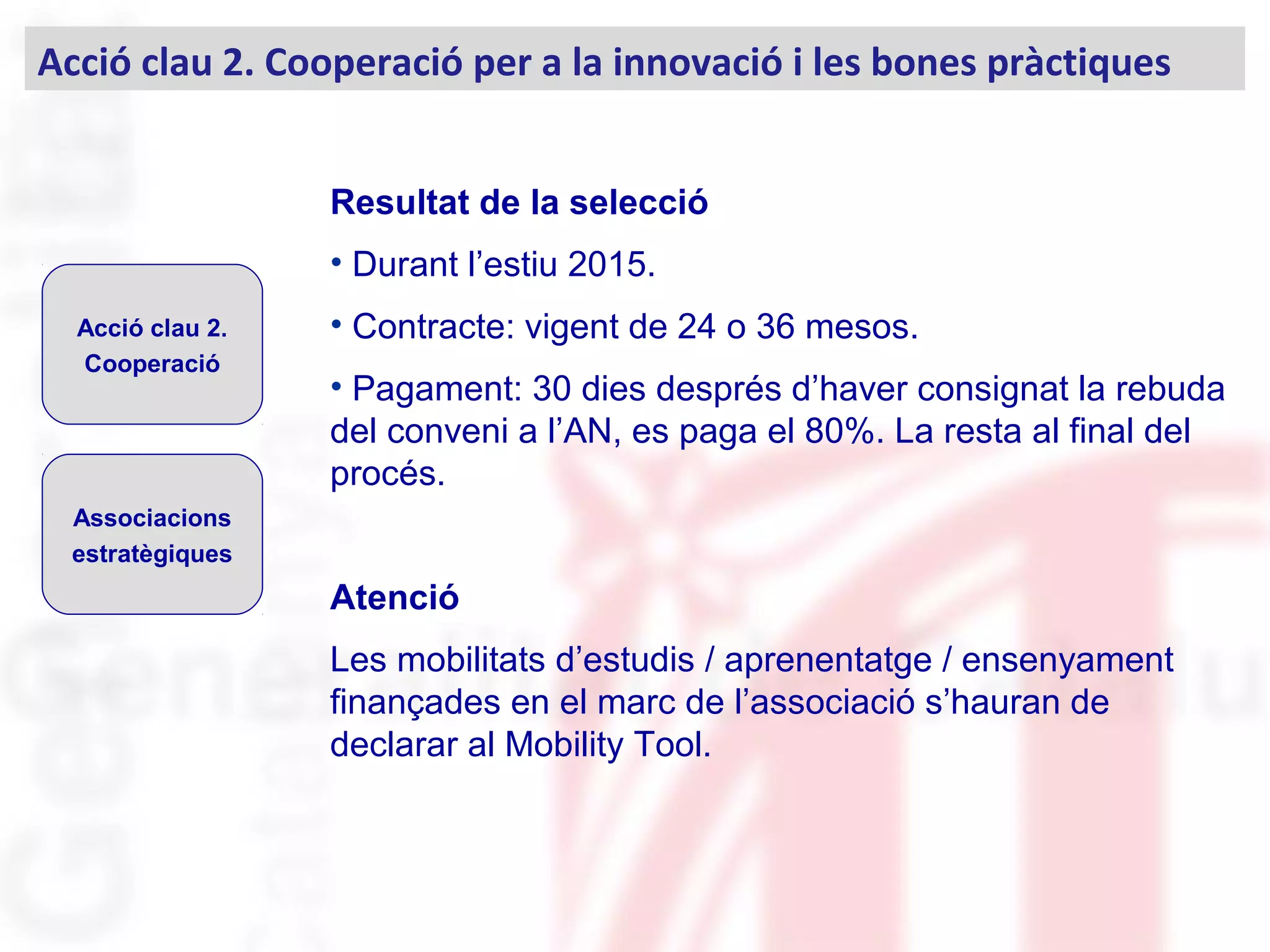 Resultat de la selecció
• Durant l’estiu 2015.
• Contracte: vigent de 24 o 36 mesos.
• Pagament: 30 dies després d’haver consignat la rebuda
del conveni a l’AN, es paga el 80%. La resta al final del
procés.
Atenció
Les mobilitats d’estudis / aprenentatge / ensenyament
finançades en el marc de l’associació s’hauran de
declarar al Mobility Tool.
Acció clau 2. Cooperació per a la innovació i les bones pràctiques
Acció clau 2.
Cooperació
Associacions
estratègiques
 