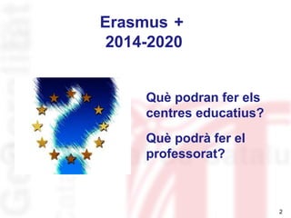 2
Què podran fer els
centres educatius?
Què podrà fer el
professorat?
Erasmus +
2014-2020
 