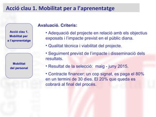 Avaluació. Criteris:
• Adequació del projecte en relació amb els objectius
exposats i l’impacte previst en el públic diana.
• Qualitat tècnica i viabilitat del projecte.
• Seguiment previst de l’impacte i disseminació dels
resultats.
• Resultat de la selecció: maig - juny 2015.
• Contracte financer: un cop signat, es paga el 80%
en un termini de 30 dies. El 20% que queda es
cobrarà al final del procés.
Acció clau 1. Mobilitat per a l’aprenentatge
Acció clau 1.
Mobilitat per
a l’aprenentatge
Mobilitat
del personal
 