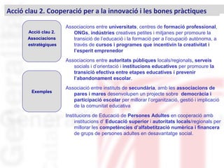 Associacions entre universitats, centres de formació professional,
ONGs, indústries creatives petites i mitjanes per promoure la
transició de l’educació i la formació per a l’ocupació autònoma, a
través de cursos i programes que incentivin la creativitat i
l’esperit emprenedor
Associacions entre autoritats públiques locals/regionals, serveis
socials i d’orientació i institucions educatives per promoure la
transició efectiva entre etapes educatives i prevenir
l’abandonament escolar.
Associació entre instituts de secundària, amb les associacions de
pares i mares desenvolupen un projecte sobre democràcia i
participació escolar per millorar l’organització, gestió i implicació
de la comunitat educativa
Institucions de Educació de Persones Adultes en cooperació amb
institucions d’ Educació superior i autoritats locals/regionals per
millorar les competències d’alfabetització numèrica i financera
de grups de persones adultes en desavantatge social.
Acción clave 2. Cooperación para la Innovación y las Buenas Prácticas (IV)
Exemples
Acció clau 2.
Associacions
estratègiques
Acció clau 2. Cooperació per a la innovació i les bones pràctiques
 