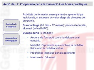 Acció clau 2. Cooperació per a la innovació i les bones pràctiques
Acció clau 2.
Cooperació
Associacions
estratègiques
Activitats de formació, ensenyament o aprenentatge
individuals, si suposen un valor afegit als objectius del
programa.
Durada llarga (61 dies - 12 mesos): personal educatiu,
alumnat (actual MAC).
Durada curta (5-60 dies):
• Accions de formació conjunta del personal
educatiu.
• Mobilitat d’aprenents que combina la mobilitat
física amb la mobilitat virtual.
• Programes intensius per als aprenents
• Intercanvis d’alumnat.
 