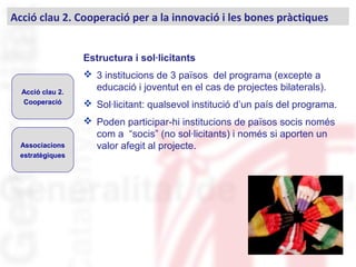 Estructura i sol·licitants
 3 institucions de 3 països del programa (excepte a
educació i joventut en el cas de projectes bilaterals).
 Sol·licitant: qualsevol institució d’un país del programa.
 Poden participar-hi institucions de països socis només
com a “socis” (no sol·licitants) i només si aporten un
valor afegit al projecte.
Acció clau 2. Cooperació per a la innovació i les bones pràctiques
Acció clau 2.
Cooperació
Associacions
estratègiques
 