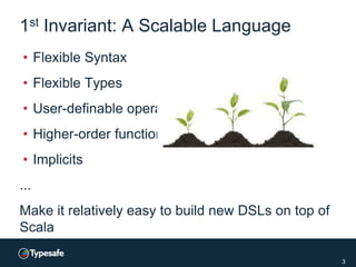 1st Invariant: A Scalable Language
• Flexible Syntax
• Flexible Types
• User-definable operators
• Higher-order functions
...