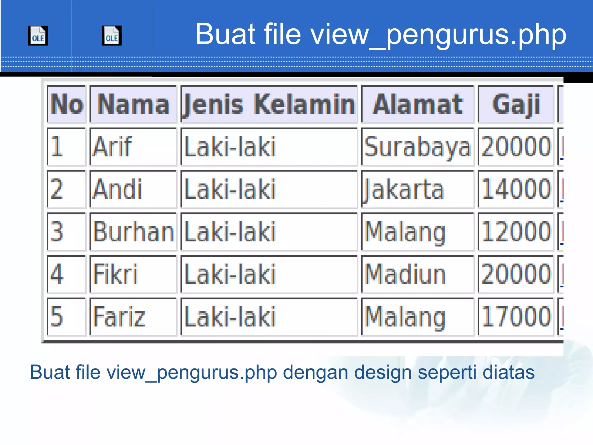 Buat file view_pengurus.php Buat file view_pengurus.php dengan design seperti diatas 