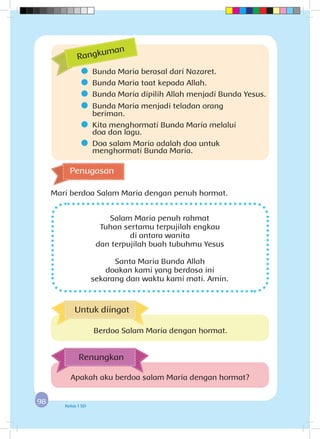 9898 Kelas 1 SD
	 Bunda Maria berasal dari Nazaret.
	 Bunda Maria taat kepada Allah.
	 Bunda Maria dipilih Allah menjadi Bunda Yesus.
	 Bunda Maria menjadi teladan orang 				
beriman.
	 Kita menghormati Bunda Maria melalui 			
doa dan lagu.
	 Doa salam Maria adalah doa untuk 				
menghormati Bunda Maria.
Mari berdoa Salam Maria dengan penuh hormat.
Salam Maria penuh rahmat
Tuhan sertamu terpujilah engkau
di antara wanita
dan terpujilah buah tubuhmu Yesus
Santa Maria Bunda Allah
doakan kami yang berdosa ini
sekarang dan waktu kami mati. Amin.
Penugasan
Rangkuman
Apakah aku berdoa salam Maria dengan hormat?
Renungkan
Untuk diingat
Berdoa Salam Maria dengan hormat.
 