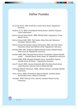 108108 Kelas 1 SD
Daftar Pustaka
De Graaf, Anne. 1997. Kitab Suci untuk Anak-Anak. Yogyakarta:
Kanisius.
Heuken. A. SJ. 2002. Ensiklopedi Orang Kudus. Jakarta: Yayasan
Cipta Lokacaraka.
Komisi Liturgi Seksi Musik. 1989. Madah Bakti. Yogyakarta: Pusat
Musik Liturgi.
Komisi Liturgi KWI, 1992. Puji Syukur. Buku Doa dan Nyanyian
Gerejawi. Jakarta: Obor.
Komisi Liturgi Keuskupan Agung Semarang. 2007. Ayo Puji Tuhan.
Nyanyian Liturgi dan Rohani Anak. Yogyakarta: Kanisius.
Komkat KWI. 1991. Pelajaran Agama Katolik untuk Sekolah Dasar.
Buku Guru IB. Yogyakarta: Kanisius.
Komkat KWI, 2007. Menjadi Murid Yesus. Pendidikan Agama Katolik
untuk	 Sekolah Dasar. Buku siswa I B. Yogyakarta: Kanisius.
Komkat KWI. 2010. Menjadi Sahabat Yesus. Pendidikan Agama
Katolik untuk SD kelas I. Yogyakarta: Kanisius.
Lalu Pr. Yosef. 2005. Komisi Kateketik KWI. Percikan Kisah-Kisah
Anak Manusia. Jakarta: Komisi Kateketik KWI. 	
Lembaga Alkitab Indonesia. 2004. Alkitab. Jakarta: Lembaga Alkitab
Indonesia.
Suria, Yenny. 2008. Pendidikan Agama Katolik. Tumbuh dalam
Komunikasi Iman. Jakarta: Grasindo.
Yamuger. 2007. Kidung Ceria. Jakarta: Yayasan Musik Gereja
Indonesia.
 