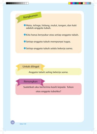 14 Kelas 1 SD
	Mata, telinga, hidung, mulut, tangan, dan kaki
adalah anggota tubuh.
	Kita harus bersyukur atas setiap anggota tubuh.
	Setiap anggota tubuh mempunyai tugas.
	Setiap anggota tubuh selalu bekerja sama.
Rangkuman
Sudahkah aku berterima kasih kepada Tuhan
atas anggota tubuhku?
Renungkan
Untuk diingat
Anggota tubuh saling bekerja sama.
 