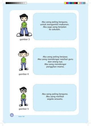 16 Kelas 1 SD
Aku yang paling berjasa.
Aku yang mendengar nasihat guru
dan orang tua.
Aku yang mendengar
panggilan mama.
Aku yang paling berguna,
untuk mengambil makanan.
Aku juga yang berjalan
ke sekolah.
Aku yang paling berguna.
Aku yang melihat
segala sesuatu.
gambar 3
gambar 4
gambar 5
 