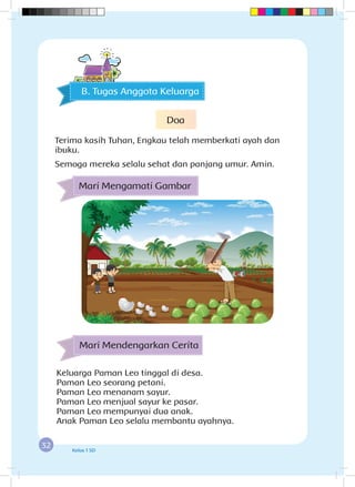 32 Kelas 1 SD
Mari Mengamati Gambar
Mari Mendengarkan Cerita
Keluarga Paman Leo tinggal di desa.
Paman Leo seorang petani.
Paman Leo menanam sayur.
Paman Leo menjual sayur ke pasar.
Paman Leo mempunyai dua anak.
Anak Paman Leo selalu membantu ayahnya.
B. Tugas Anggota Keluarga
Doa
Terima kasih Tuhan, Engkau telah memberkati ayah dan
ibuku.
Semoga mereka selalu sehat dan panjang umur. Amin.
 