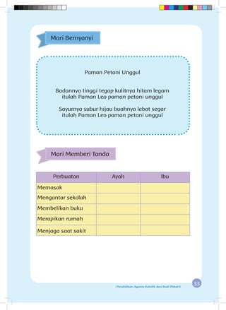 33Pendidikan Agama Katolik dan Budi Pekerti
Mari Memberi Tanda
Mari Bernyanyi
Paman Petani Unggul
Badannya tinggi tegap kulitnya hitam legam
itulah Paman Leo paman petani unggul
Sayurnya subur hijau buahnya lebat segar
itulah Paman Leo paman petani unggul
Perbuatan Ayah Ibu
Memasak
Mengantar sekolah
Membelikan buku
Merapikan rumah
Menjaga saat sakit
 