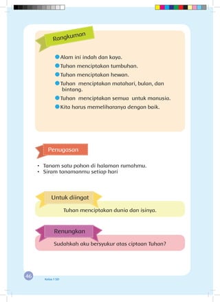 46 Kelas 1 SD
	Alam ini indah dan kaya.
	Tuhan menciptakan tumbuhan.
	Tuhan menciptakan hewan.
	Tuhan menciptakan matahari, bulan, dan 			
	bintang.
	Tuhan menciptakan semua untuk manusia.
	Kita harus memeliharanya dengan baik.
Penugasan
•	 Tanam satu pohon di halaman rumahmu.
•	 Siram tanamanmu setiap hari
Rangkuman
Sudahkah aku bersyukur atas ciptaan Tuhan?
Renungkan
Untuk diingat
Tuhan menciptakan dunia dan isinya.
 