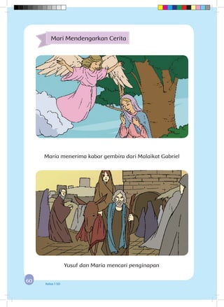 6060 Kelas 1 SD
Yusuf dan Maria mencari penginapan
Mari Mendengarkan Cerita
Maria menerima kabar gembira dari Malaikat Gabriel
 
