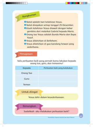 6363Pendidikan Agama Katolik dan Budi Pekerti
Tulis perbuatan baik yang pernah kamu lakukan kepada
orang tua, guru, dan temanmu!
Penugasan
Kepada Perbuatan baik yang kulakukan
Orang Tua
Guru
Teman
	Natal adalah hari kelahiran Yesus.
	Natal dirayakan setiap tanggal 25 Desember.
	Kisah kelahiran Yesus diawali dengan kabar
	 gembira dari malaikat Gabriel kepada Maria.
	Orang tua Yesus adalah Bunda Maria dan Bapa 	
	Yusuf.
	Yesus dilahirkan di Betlehem.
	Yesus dilahirkan di gua kandang hewan yang 	
	sederhana.
Rangkuman
Sudahkah aku melakukan perbuatan baik?
Renungkan
Untuk diingat
Yesus lahir dalam kesederhanaan.
 