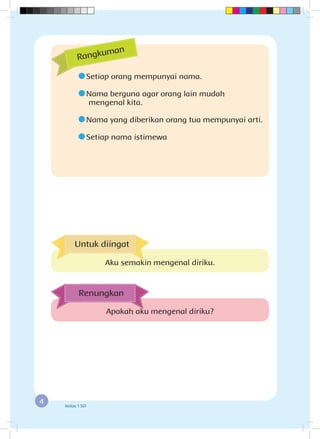 4 Kelas 1 SD
	Setiap orang mempunyai nama.
	Nama berguna agar orang lain mudah 			
	mengenal kita.
	Nama yang diberikan orang tua mempunyai arti.
	Setiap nama istimewa
Rangkuman
Apakah aku mengenal diriku?
Renungkan
Untuk diingat
Aku semakin mengenal diriku.
 