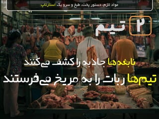 ‫تـیـم‬
‫یک‬ ‫سرو‬ ‫و‬ ‫طبخ‬ ،‫پخت‬ ‫دستور‬ ،‫الزم‬ ‫مواد‬‫استارتاپ‬
2
‫ها‬‫نابغه‬‫کشف‬‫ا‬‫ر‬‫جاذبه‬‫کنند‬‫یم‬
‫ها‬‫تیم‬‫ربات‬‫مریخ‬‫به‬‫ا‬‫ر‬‫فرس‬‫یم‬‫تند‬
 