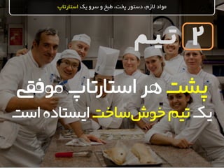 ‫تـیـم‬
‫یک‬ ‫سرو‬ ‫و‬ ‫طبخ‬ ،‫پخت‬ ‫دستور‬ ،‫الزم‬ ‫مواد‬‫استارتاپ‬
2
‫پشت‬‫استارتاپ‬‫هر‬‫موفقی‬
‫یک‬‫ساخت‬‫خوش‬‫تیم‬‫ایستاده‬‫است‬
 