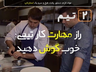 ‫تـیـم‬
‫یک‬ ‫سرو‬ ‫و‬ ‫طبخ‬ ،‫پخت‬ ‫دستور‬ ،‫الزم‬ ‫مواد‬‫استارتاپ‬
2
‫از‬‫ر‬‫مهارت‬‫کار‬‫تییم‬:
‫خوب‬‫گوش‬‫دهید‬
 