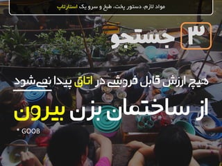 ‫جستجو‬
‫یک‬ ‫سرو‬ ‫و‬ ‫طبخ‬ ،‫پخت‬ ‫دستور‬ ،‫الزم‬ ‫مواد‬‫استارتاپ‬
3
‫هیچ‬‫در‬‫فرویش‬ ‫قابل‬‫ارزش‬‫اتاق‬‫پیدا‬‫شود‬‫نیم‬
‫از‬‫بزن‬‫ساختمان‬‫بیرون‬
* GOOB
 