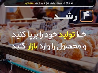 ‫رشــد‬
‫یک‬ ‫سرو‬ ‫و‬ ‫طبخ‬ ،‫پخت‬ ‫دستور‬ ،‫الزم‬ ‫مواد‬‫استارتاپ‬
4
‫خط‬‫تولید‬‫برپا‬‫ا‬‫ر‬‫خود‬‫کنید‬
‫و‬‫وارد‬‫ا‬‫ر‬‫محصول‬‫ار‬‫ز‬‫با‬‫کنید‬
 