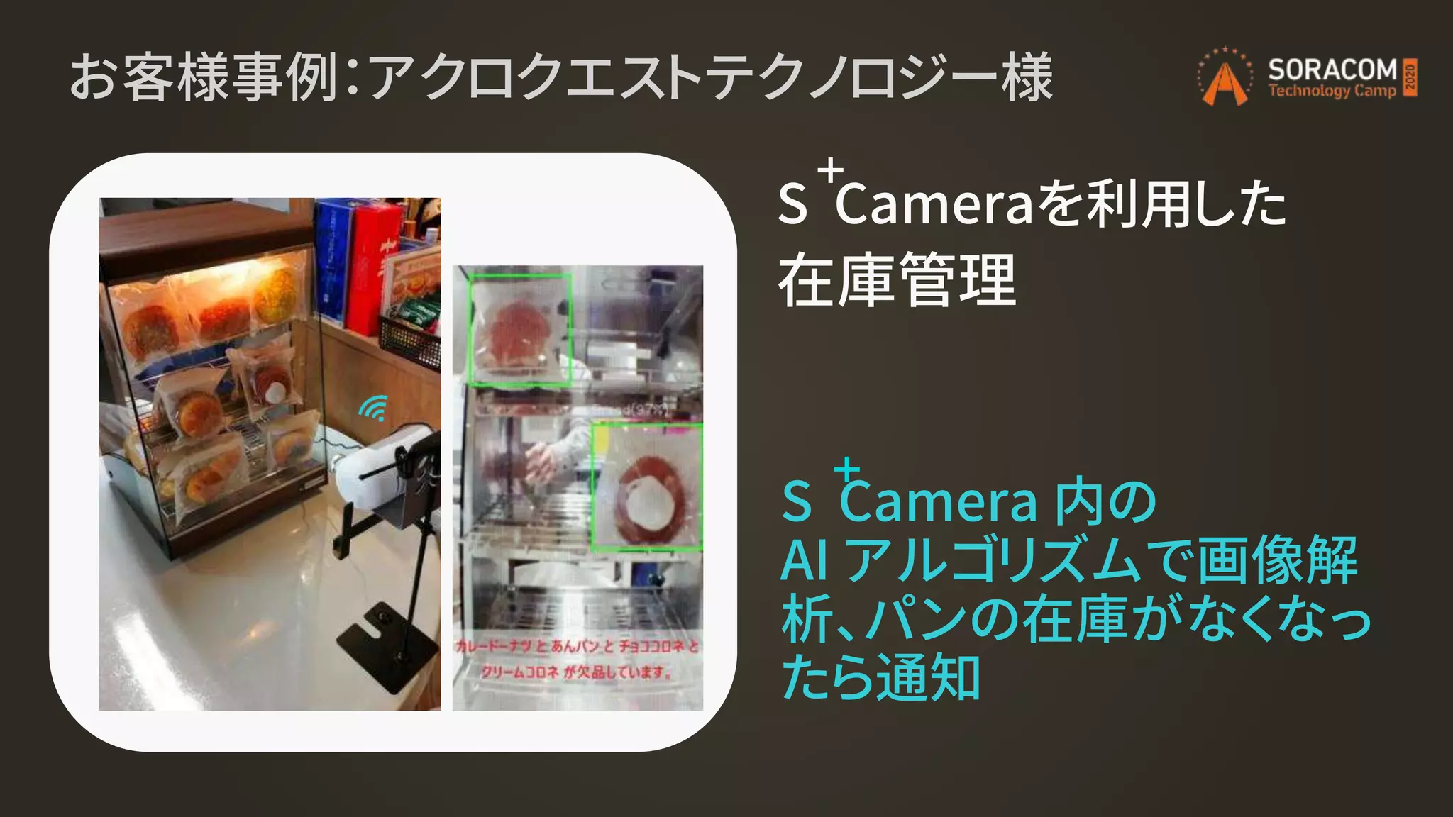 お客様事例：アクロクエストテクノロジー様
S Camera 内の
AI アルゴリズムで画像解
析、パンの在庫がなくなっ
たら通知
S Cameraを利用した
在庫管理
 