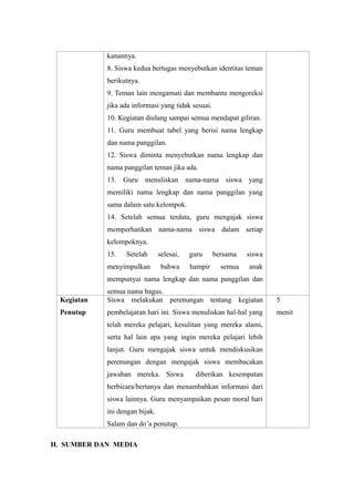 kanannya.
8. Siswa kedua bertugas menyebutkan identitas teman
berikutnya.
9. Teman lain mengamati dan membantu mengoreksi
jika ada informasi yang tidak sesuai.
10. Kegiatan diulang sampai semua mendapat giliran.
11. Guru membuat tabel yang berisi nama lengkap
dan nama panggilan.
12. Siswa diminta menyebutkan nama lengkap dan
nama panggilan teman jika ada.
13. Guru menuliskan nama-nama siswa yang
memiliki nama lengkap dan nama panggilan yang
sama dalam satu kelompok.
14. Setelah semua terdata, guru mengajak siswa
memperhatikan nama-nama siswa dalam setiap
kelompoknya.
15. Setelah selesai, guru bersama siswa
menyimpulkan bahwa hampir semua anak
mempunyai nama lengkap dan nama panggilan dan
semua nama bagus.
Kegiatan
Penutup
Siswa melakukan perenungan tentang kegiatan
pembelajaran hari ini. Siswa menuliskan hal-hal yang
telah mereka pelajari, kesulitan yang mereka alami,
serta hal lain apa yang ingin mereka pelajari lebih
lanjut. Guru mengajak siswa untuk mendiskusikan
perenungan dengan mengajak siswa membacakan
jawaban mereka. Siswa diberikan kesempatan
berbicara/bertanya dan menambahkan informasi dari
siswa lainnya. Guru menyampaikan pesan moral hari
ini dengan bijak.
Salam dan do’a penutup.
5
menit
H. SUMBER DAN MEDIA
 