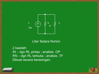 Litar Setara Norton 2 kaedah: IN – dgn RL pintas ; analisis .OP RN – dgn RL terbuka ; analisis .TF Dibuat secara berasingan. 