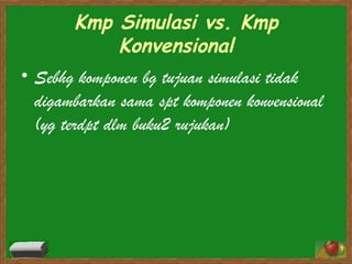 Kmp Simulasi vs. Kmp Konvensional Sebhg komponen bg tujuan simulasi tidak digambarkan sama spt komponen konvensional (yg terdpt dlm buku2 rujukan)  