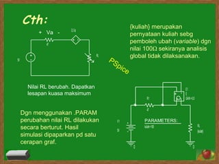 Cth: Nilai RL berubah. Dapatkan  lesapan kuasa maksimum +  Va  - PSpice Dgn menggunakan .PARAM perubahan nilai RL dilakukan secara berturut. Hasil simulasi dipaparkan pd satu cerapan graf. {kuliah} merupakan pernyataan kuliah sebg pemboleh ubah ( variable ) dgn nilai 100 Ω   sekiranya analisis global tidak dilaksanakan. 