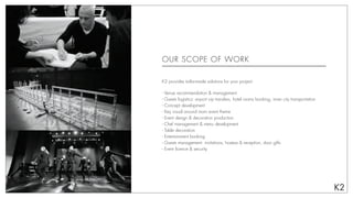 K2 provides tailor-made solutions for your project:
- Venue recommendation & management
- Guests logistics: airport vip transfers, hotel rooms booking, inner city transportation
- Concept development
- Key visual around main event theme
- Event design & decoration production
- Chef management & menu development
- Table decoration
- Entertainment booking
- Guests management: invitations, hostess & reception, door gifts
- Event licence & security
OUR SCOPE OF WORK
 