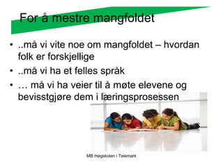 For å mestre mangfoldet

• ..må vi vite noe om mangfoldet – hvordan
  folk er forskjellige
• ..må vi ha et felles språk
• … må vi ha veier til å møte elevene og
  bevisstgjøre dem i læringsprosessen




                 MB Høgskolen i Telemark
 