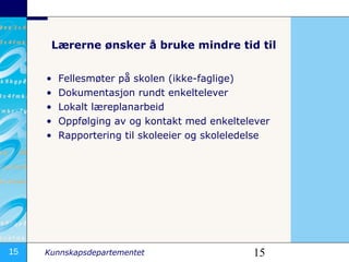   æԱ ønsker å bruke mindre tid til   Fellesmøter på skolen (ikke-faglige) Dokumentasjon rundt enkeltelever Lokalt læreplanarbeid Oppfølging av og kontakt med enkeltelever  Rapportering til skoleeier og skoleledelse 